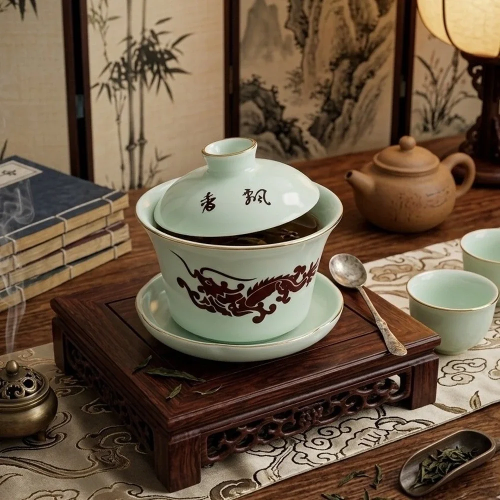 Vintage Chinese Porcelain Gaiwan Tea Set White Gold Rim‎ Dragon Calligraphy 3pc